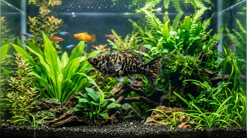 un molly de buen tamaño nadando muy activo en un acuario amplio y plantado