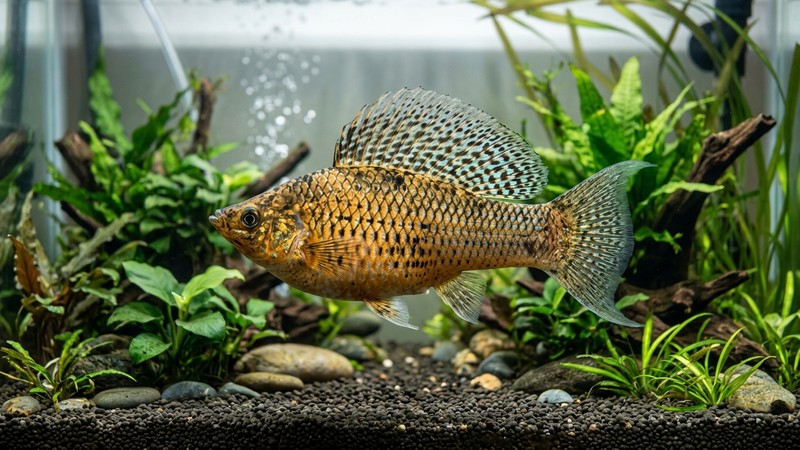 un imponente molly velífera macho de porte grande nadando en un acuario espacioso de agua cristalina