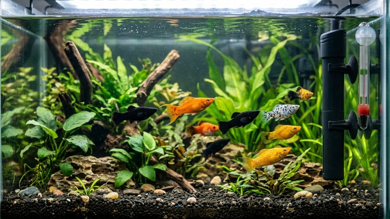 mollys sanos y activos en un acuario templado con calentador y termómetro pegado al cristal