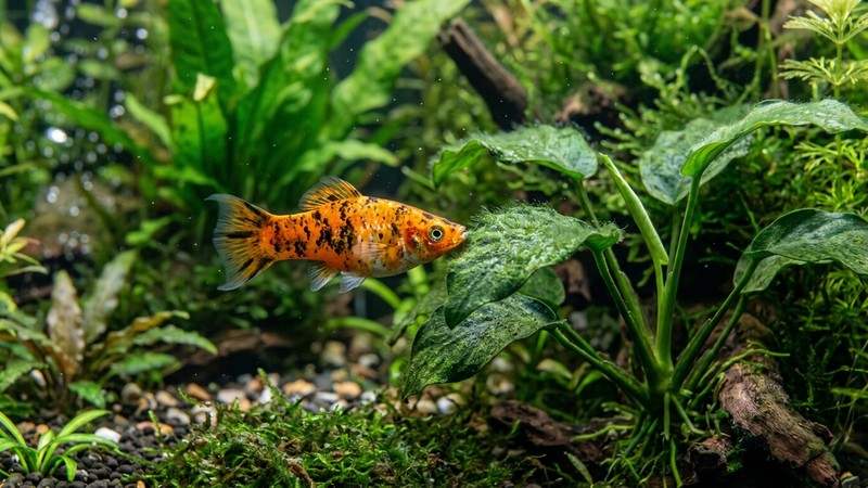 un molly mordisqueando algas verdes sobre las hojas de las plantas de un acuario limpio