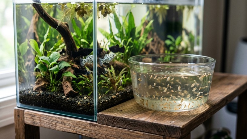 dafnia y artemia en un pequeño cuenco junto a un acuario de mollys sanos