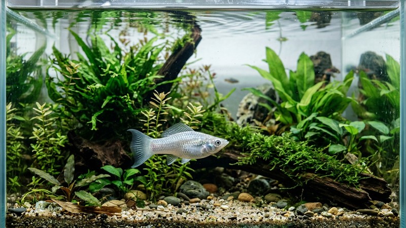 un molly plateado en primer plano nadando tranquilo en un acuario plantado de agua clara