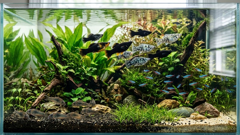 mollys conviviendo con corydoras de fondo y tetras en un acuario comunitario limpio y plantado