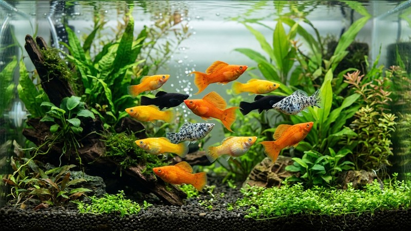 un grupo de mollys de colores vivos, sanos y activos, en un acuario plantado de agua cristalina
