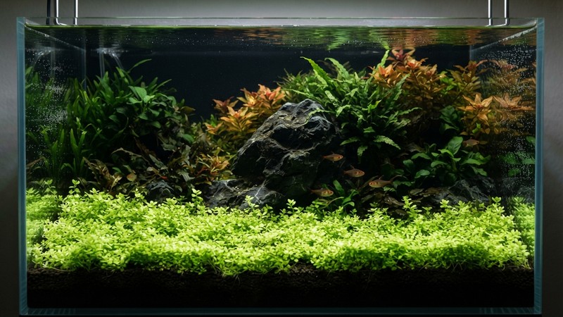 una Monte Carlo de verde claro luminoso en primer plano contrastando con plantas más oscuras y una roca al fondo dentro de un acuario plantado de agua clara