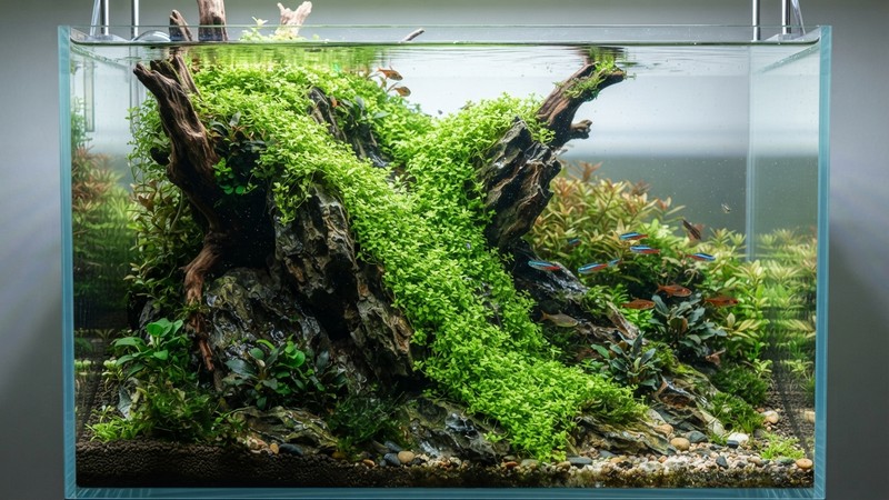 una Monte Carlo creciendo sobre una roca y descolgándose como una cascada vegetal verde dentro de un acuario limpio de agua cristalina