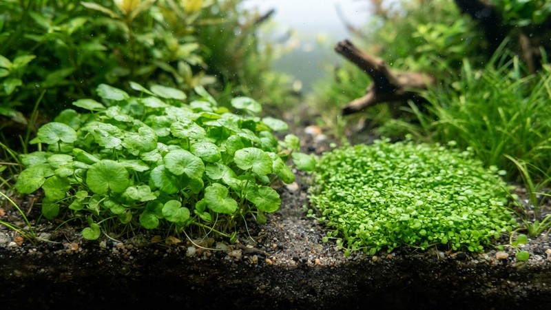 dos primeros planos comparados de hojitas redondas verdes de tapizante, una algo más grande y otra más diminuta, sobre el suelo de un acuario de agua transparente