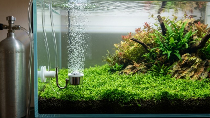 una botella de CO2 y un difusor soltando finas burbujas junto a una alfombra verde compacta de Monte Carlo en un acuario plantado de agua clara