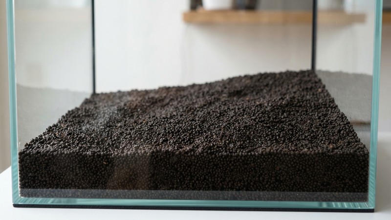 un sustrato nutritivo oscuro de grano fino recién colocado en capa gruesa dentro de un acuario vacío listo para plantar una tapizante