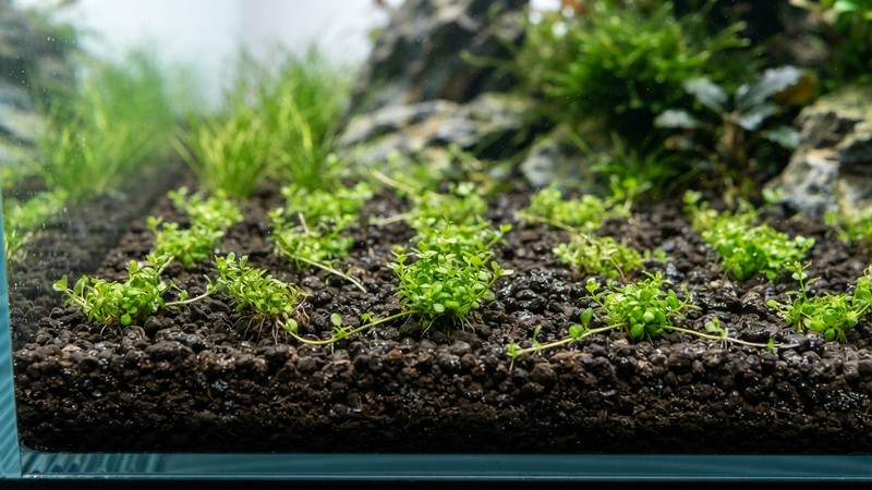 pequeñas porciones separadas de Monte Carlo recién plantadas en el sustrato de un acuario, dejando ver el suelo entre las matitas verdes