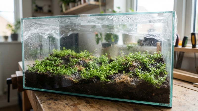una urna de cristal en arranque en seco con matitas de Monte Carlo verdes sobre sustrato húmedo sin agua y film transparente cubriendo la parte superior