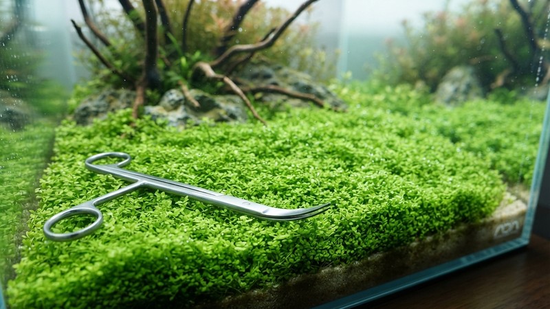 una alfombra verde de Monte Carlo perfectamente podada, baja y densa cubriendo el fondo de un acuario cristalino junto a unas tijeras curvas de acuascaping en reposo