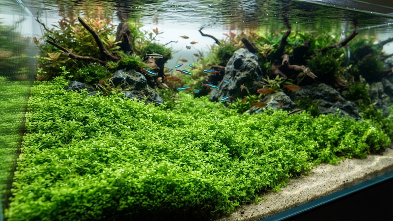 una pradera exuberante de Monte Carlo de verde fresco ondulando bajo la luz en un acuario maduro de agua cristalina y aspecto sano