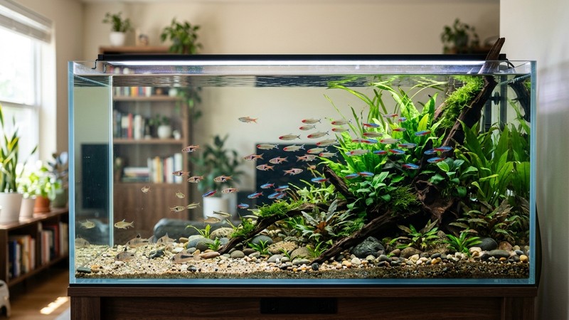 un acuario rectangular amplio de agua dulce visto de lado, con mucho espacio de nado, sustrato natural y agua muy limpia bajo una luz suave