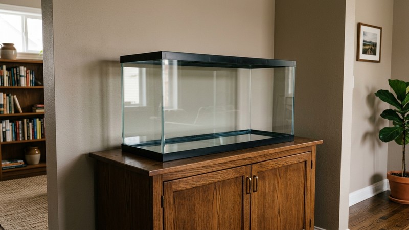 un acuario rectangular vacío y limpio colocado sobre un mueble firme de madera bien nivelado, en un rincón tranquilo lejos de la ventana