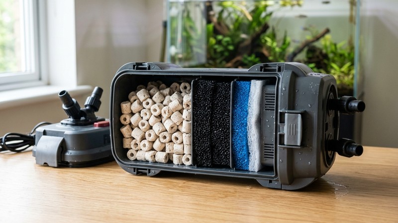 un filtro de acuario abierto que muestra en su interior esponjas porosas y canutillos cerámicos del material biológico, apoyados sobre una mesa limpia