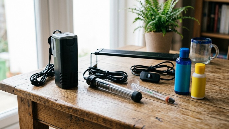 los materiales de un kit básico de acuario en reposo sobre una mesa: un calentador con termostato, un termómetro, un filtro, una lámpara LED y frascos de acondicionador