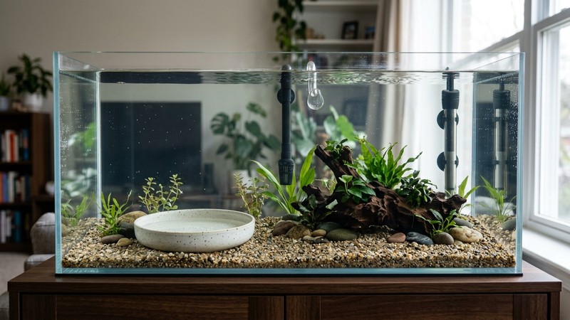 un acuario recién llenado de agua con un plato hondo apoyado sobre el sustrato para amortiguar la caída, el filtro y el calentador instalados en la pared trasera del vidrio