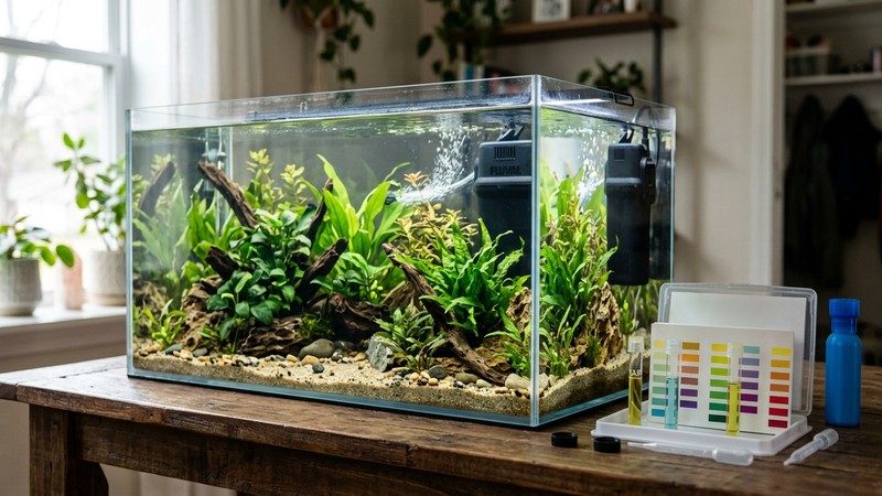 un acuario de agua cristalina sin peces todavía, con el filtro en marcha y un test de agua con tubos de colores apoyado en la mesa junto al vidrio
