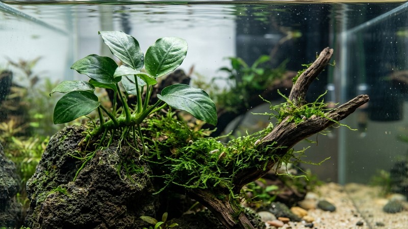 un primer plano de plantas de acuario de bajos requerimientos como anubias y musgo de Java atadas a una roca y a un tronco dentro del agua clara
