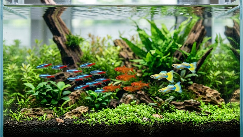 un pequeño grupo de peces resistentes de colores vivos nadando juntos en un acuario recién plantado, con el agua muy limpia y luz suave