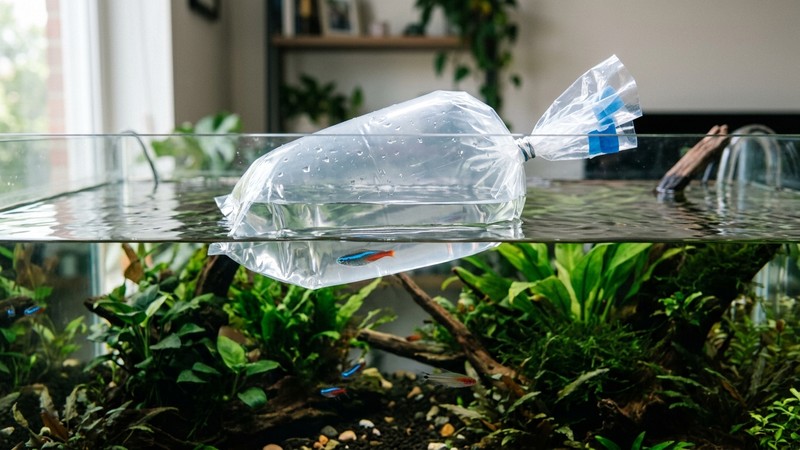 una bolsa de plástico transparente con un pez dentro flotando cerrada sobre la superficie del agua de un acuario, aclimatándose despacio