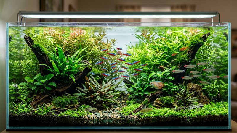 un acuario plantado sano y maduro visto de frente, con agua cristalina, plantas verdes exuberantes y peces de colores nadando tranquilos