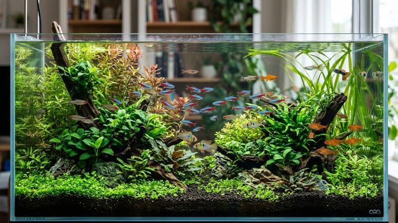 un acuario plantado sano y equilibrado, con varios peces de colores vivos nadando entre plantas verdes y agua totalmente cristalina