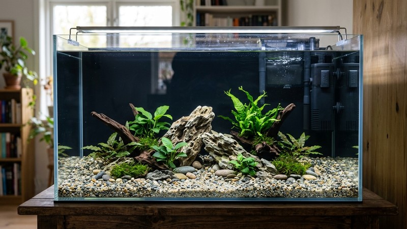 un acuario recién montado limpio y sin peces, con sustrato y un filtro funcionando y el agua muy clara