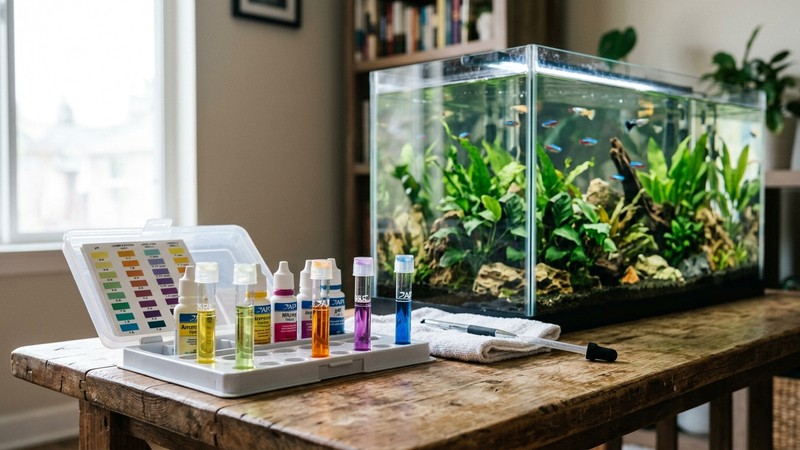 un kit de test de agua con varios tubos de colores apoyados sobre una mesa junto a un acuario limpio de fondo