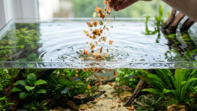 escamas de comida para peces cayendo sobre la superficie del agua de un acuario limpio y cristalino