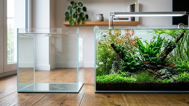 un cubo limpio lleno de agua clara reposando en el suelo junto a un acuario plantado y cristalino