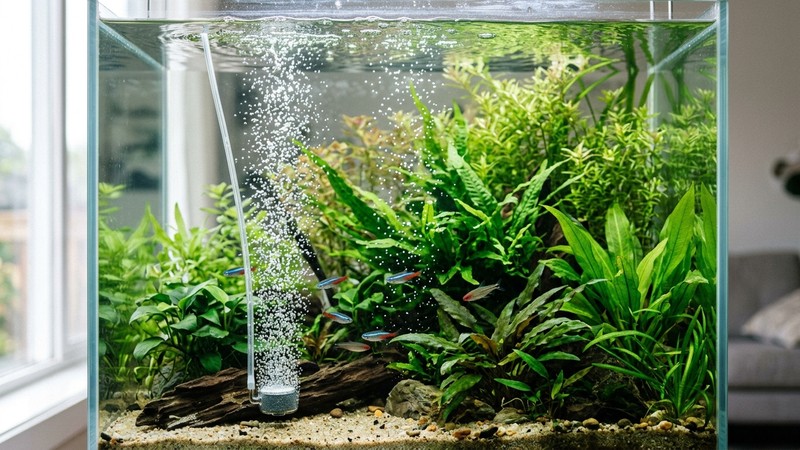 un acuario con un difusor de aire soltando finas burbujas que suben por el agua muy clara entre plantas verdes