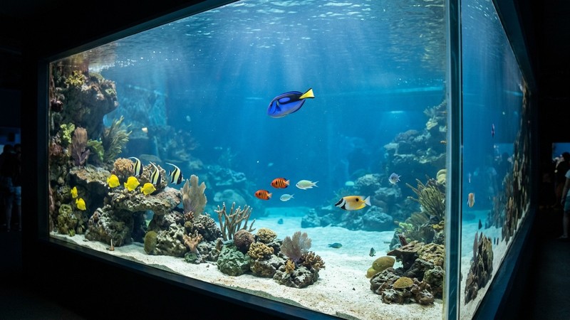 un acuario amplio y espacioso con pocos peces de colores repartidos y mucha zona abierta de agua cristalina
