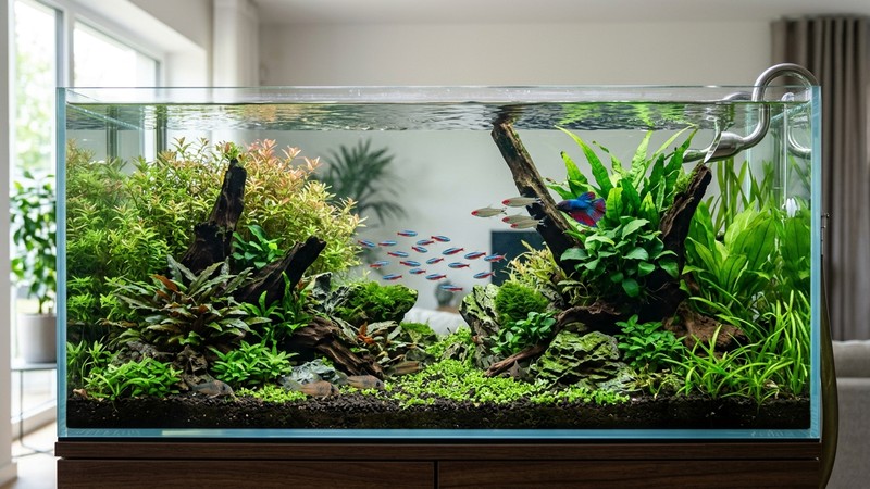 un acuario holgado y bien plantado con unos pocos peces sanos nadando con calma en agua transparente