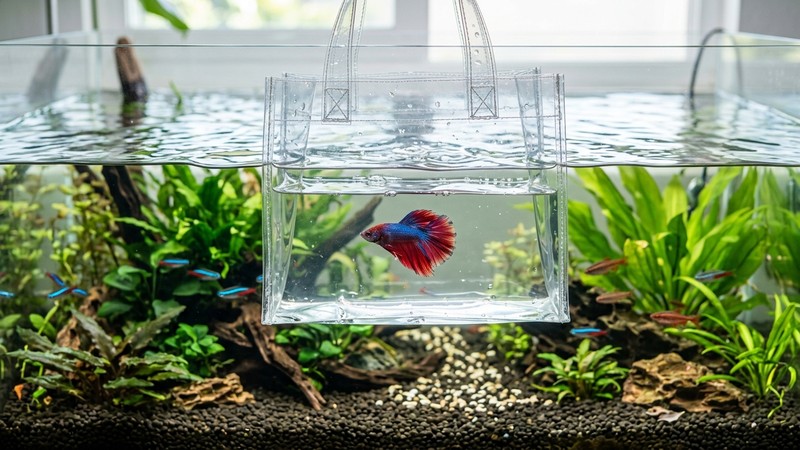 una bolsa de transporte transparente con un pez sano dentro, flotando en la superficie de un acuario limpio