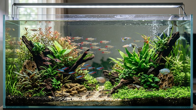 un acuario comunitario armonioso con especies compatibles de peces nadando juntas y tranquilas entre plantas verdes