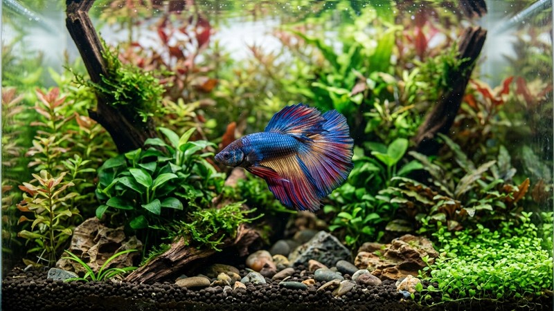un solo pez sano y vigoroso de colores vivos en primer plano dentro de un acuario limpio y plantado