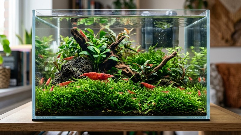 un nano acuario de gambas cherry rojas recorriendo una alfombra de musgo de Java verde en agua cristalina y bien plantada