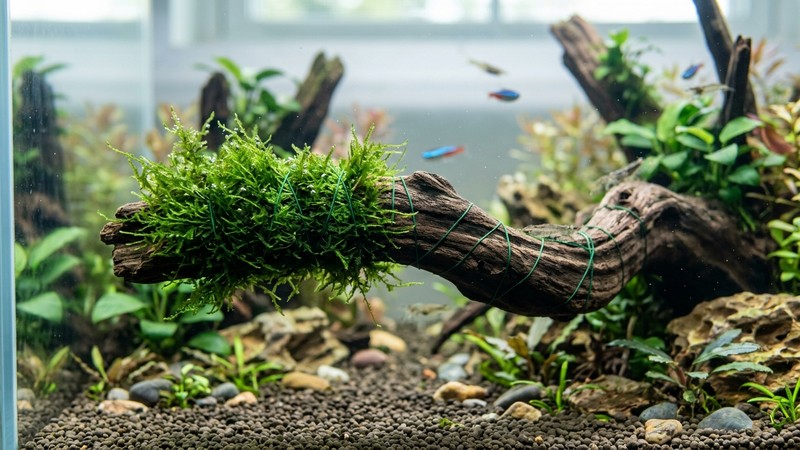 un puñado de musgo de Java verde sujeto con hilo verde alrededor de un tronco de acuario dentro de una pecera limpia