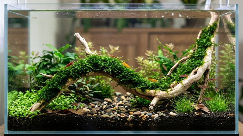 una fina sábana plana de musgo de Java verde extendida sobre una raíz de madera clara en un acuario de agua transparente