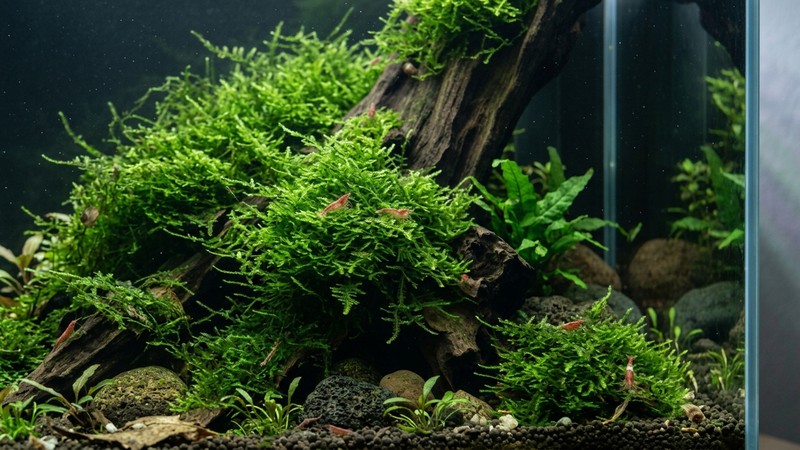un rincón sombreado de acuario plantado con musgo de Java verde bajo una luz suave y agua muy clara