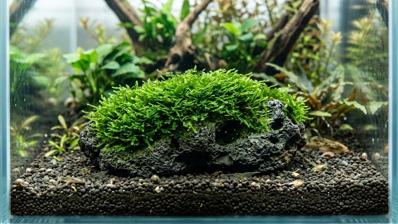 una mata de musgo de Java verde recién podada, corta y compacta, cubriendo una roca porosa en un acuario transparente