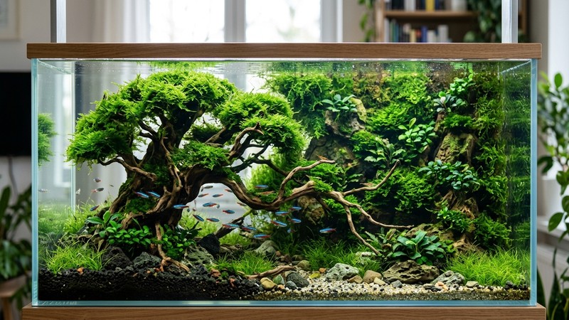 un espectacular árbol de musgo verde sobre una estructura de madera y una pared verde tapizada de musgo en un acuascape de agua cristalina