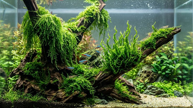 distintas texturas de musgo de acuario verde, unas en cascada y otras erguidas como llamas, sobre madera en una pecera limpia