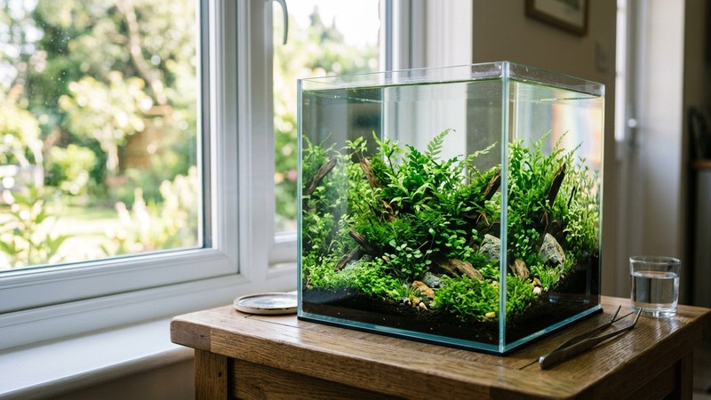 un pequeño nanocubo de vidrio plantado en miniatura, un ecosistema verde y sano sobre una mesa junto a una ventana, con musgos y plantas rastreras y agua limpia y transparente