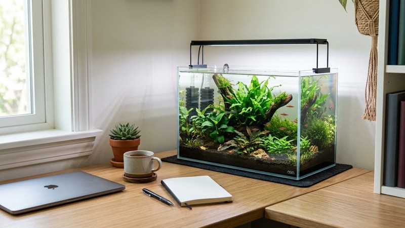 un nano acuario compacto colocado en un rincon de un escritorio ordenado, junto a una laptop cerrada, con plantas acuaticas y una luz LED sencilla, montaje low tech y agua cristalina