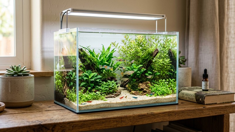 un nano acuario ligero y pequeño apoyado en una repisa de madera, con plantas verdes y un fondo de arena clara, ambiente hogareño y sereno, agua transparente