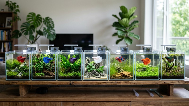varios nano acuarios pequeños alineados sobre un mueble bajo, cada uno con un solo betta de distinto color entre plantas, una coleccion ordenada de mini tanques cristalinos