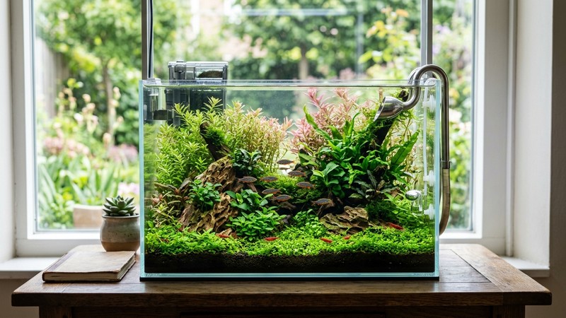 un nano acuario densamente plantado y equilibrado, con abundante vegetacion verde sana, agua perfectamente clara y aspecto estable y cuidado, sobre una mesa junto a una ventana